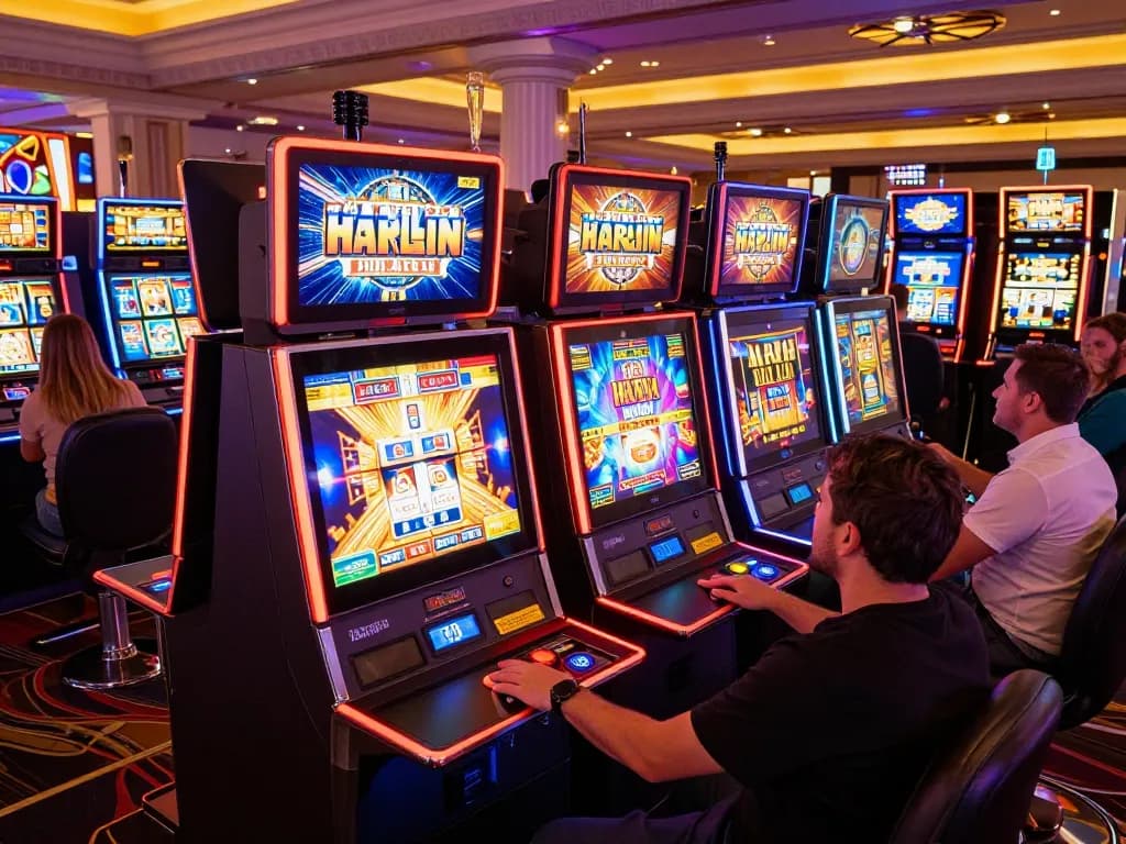 Pemain yang terlibat memutar gulungan pada mesin slot Paris di atmosfer kasino Vegas yang hidup.