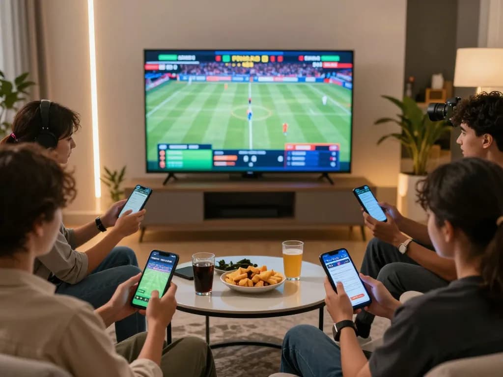 Engaged friends using torxentertainment sports betting apps during a live game