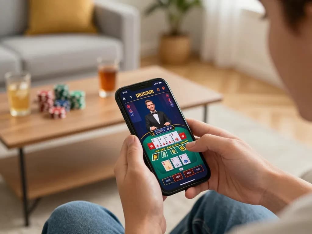 Experience nhà cái tặng tiền while playing blackjack on mobile device in a cozy living room setting.