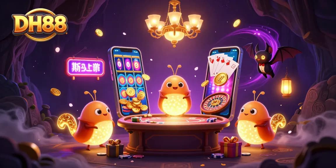Experience the excitement of DH88 with glowing glowworms lighting a cave casino scene full of games and vibrant colors.