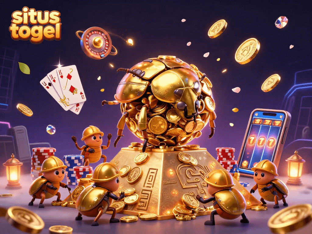 Experience situs togel excitement with golden beetles, casino symbols, and sparkling elements.