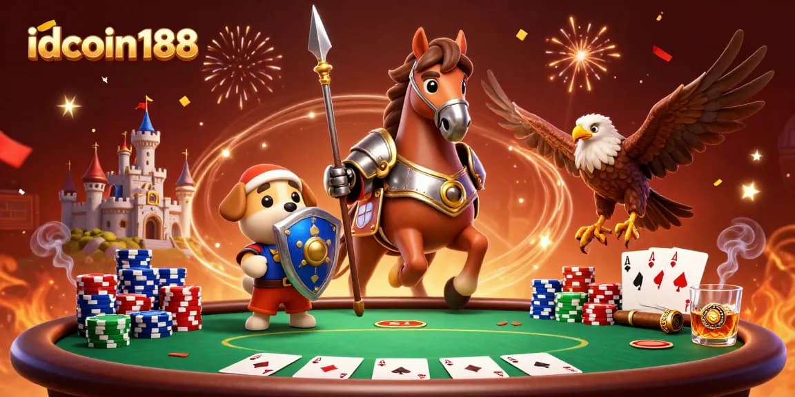 Experience excitement at idcoin188 with 3D casino knights and poker elements in a vibrant scene.