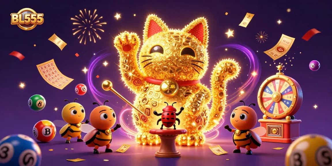 BL555 brings excitement with a giant lucky cat surrounded by vibrant casino elements in a dynamic scene.