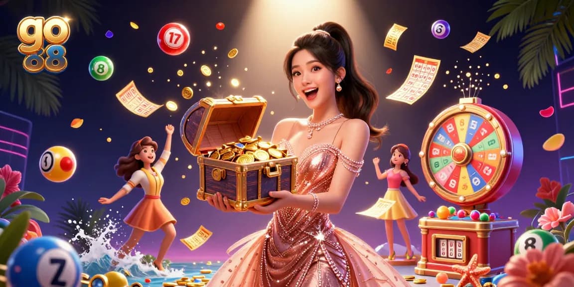 Experience the thrill of go 88 as treasure spills from a chest amidst a vibrant casino scene.