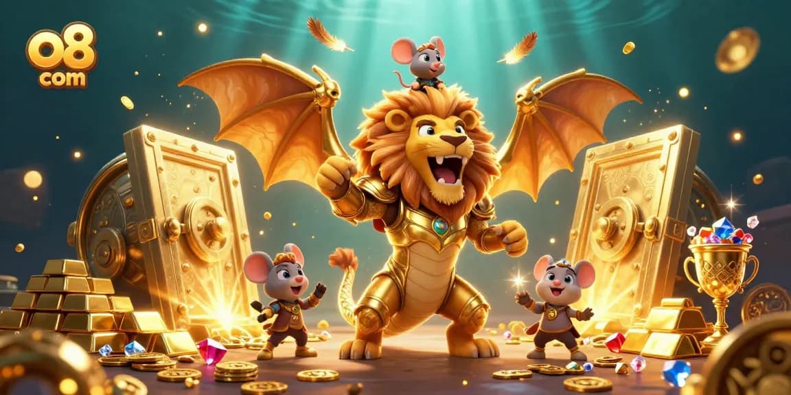 Experience the thrill of o8 com casino with a golden chimera creature and treasure.