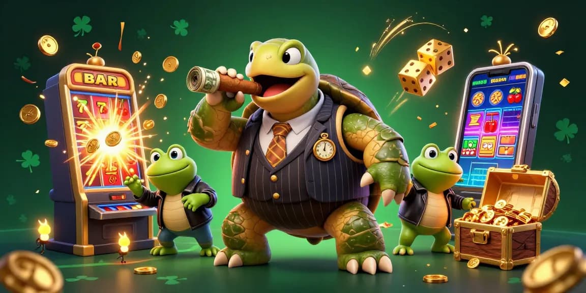 Experience the thrill of winning at ww88 with a vibrant casino scene featuring a snapping turtle and bullfrog enforcers.