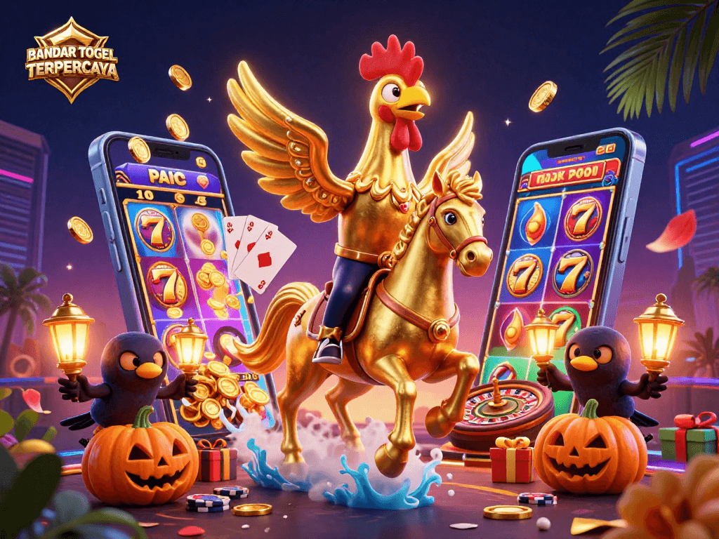 BANDAR TOGEL TERPERCAYA showcases a vibrant 3D casino scene with dynamic gaming elements.