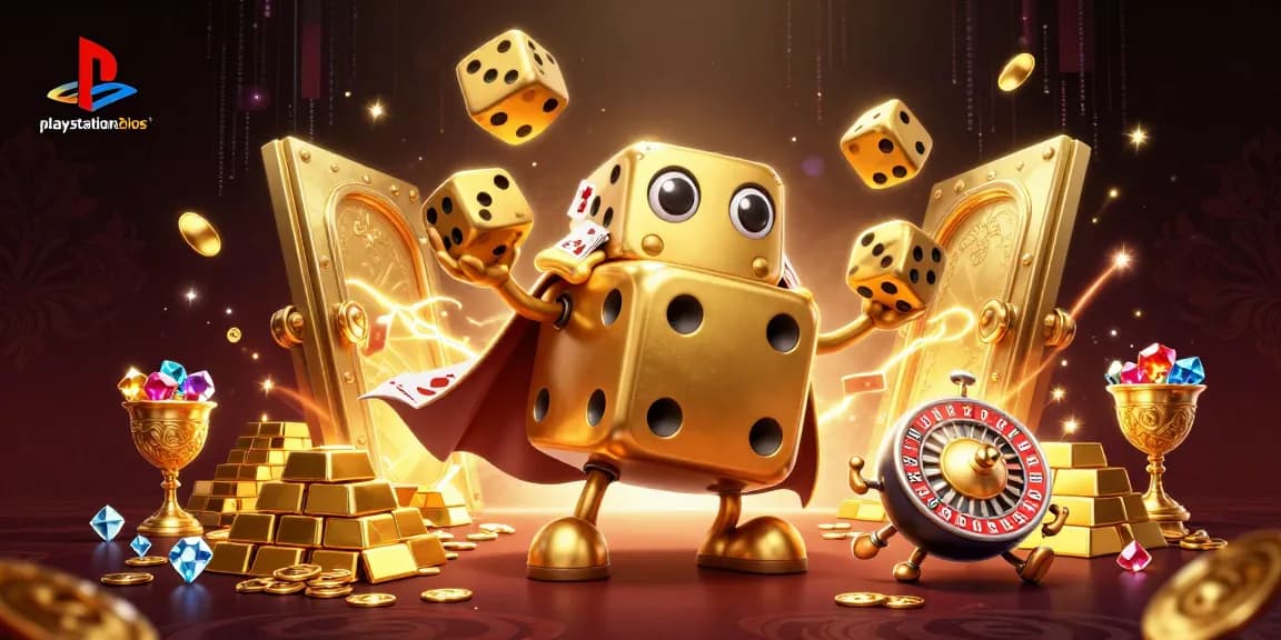 Spin the reels with playstation2bios in a vibrant 3D casino adventure featuring golden dice and treasures.