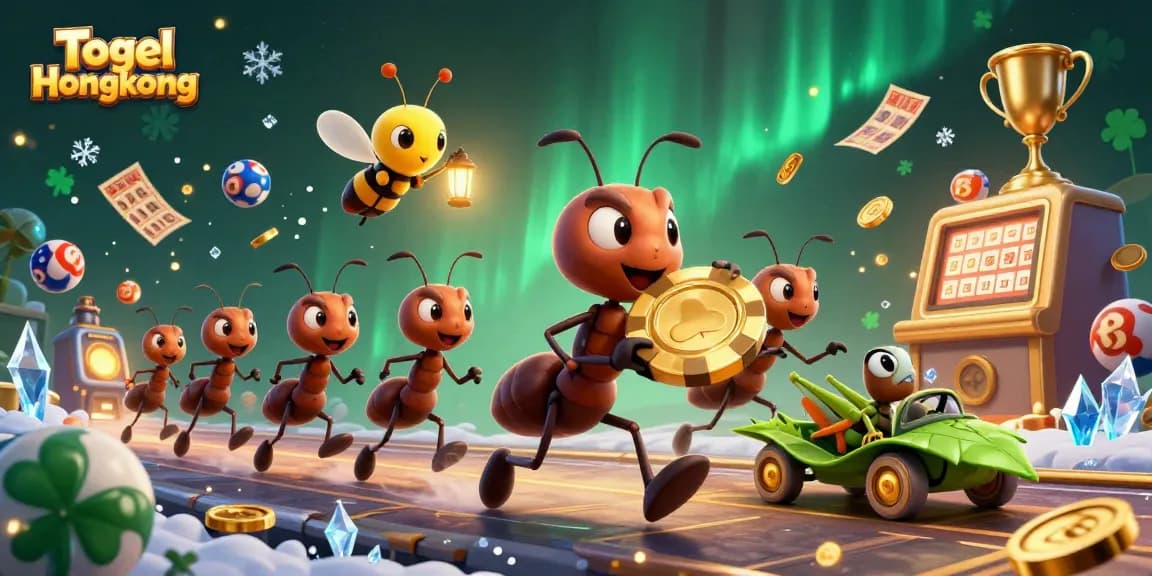 Togel Hongkong lottery game illustration featuring ants with a poker chip and dynamic lottery elements.