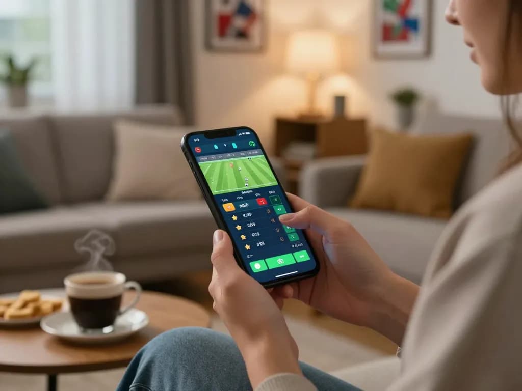 Scena coinvolgente di un giocatore che utilizza l'app dei siti scommesse non AAMS per le scommesse live sugli sport.
