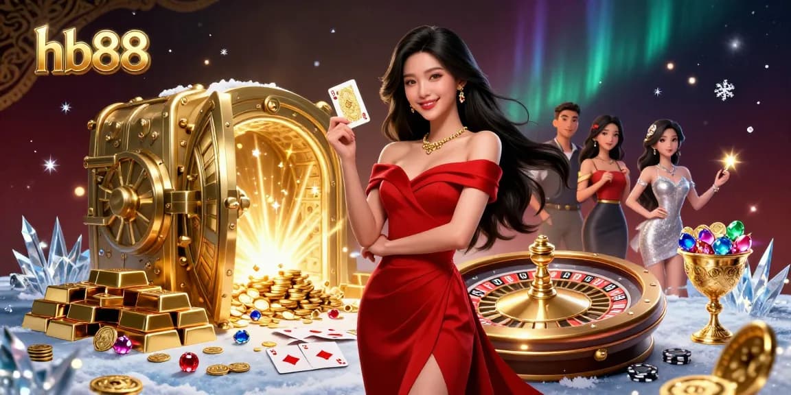 hb88 showcases a stunning Asian woman elegantly holding a golden playing card at a roulette table.