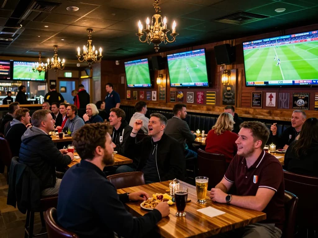Bongdalu ngoại hạng anh showcased in a lively sports bar with fans cheering and watching matches