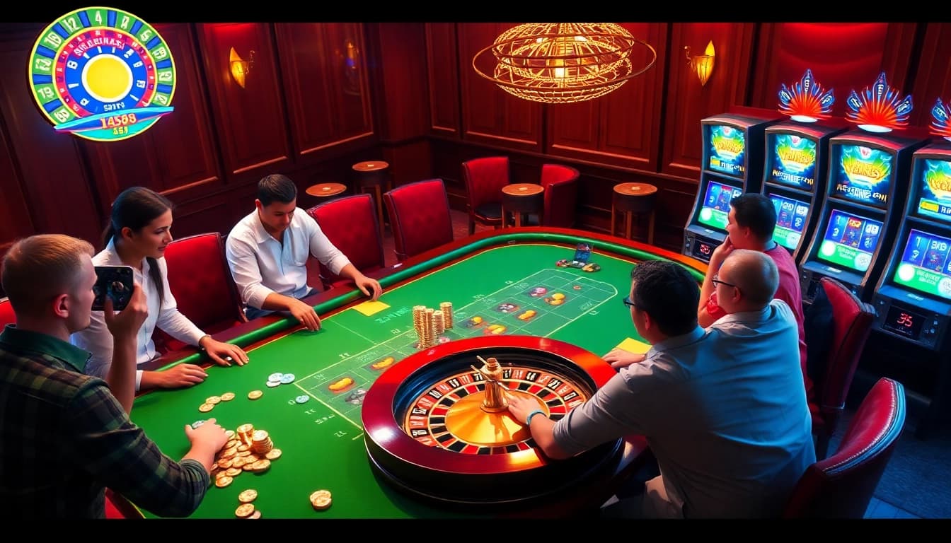 Players engaging intensely at a casino table in SV 368, highlighting thrilling gambling action.