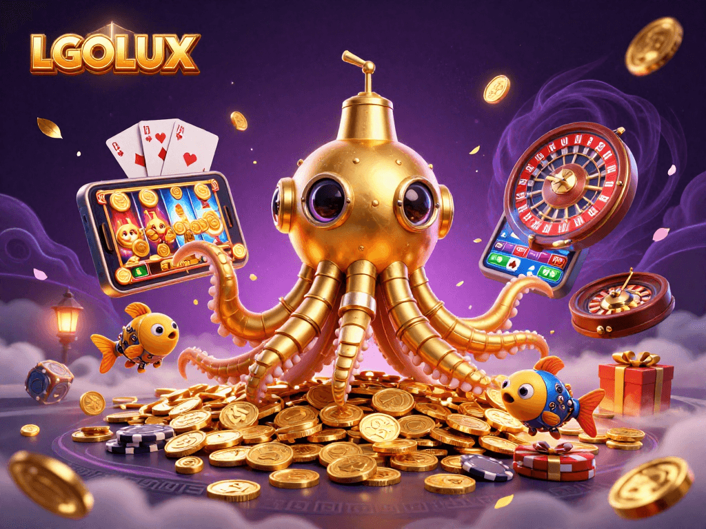 Spin and win with LGOLUX: an exciting scene of gold coins, slot games, and dynamic characters.