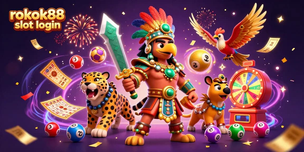 Experience dynamic winnings with rokok88 slot login, featuring exciting lottery balls and vibrant casino elements.