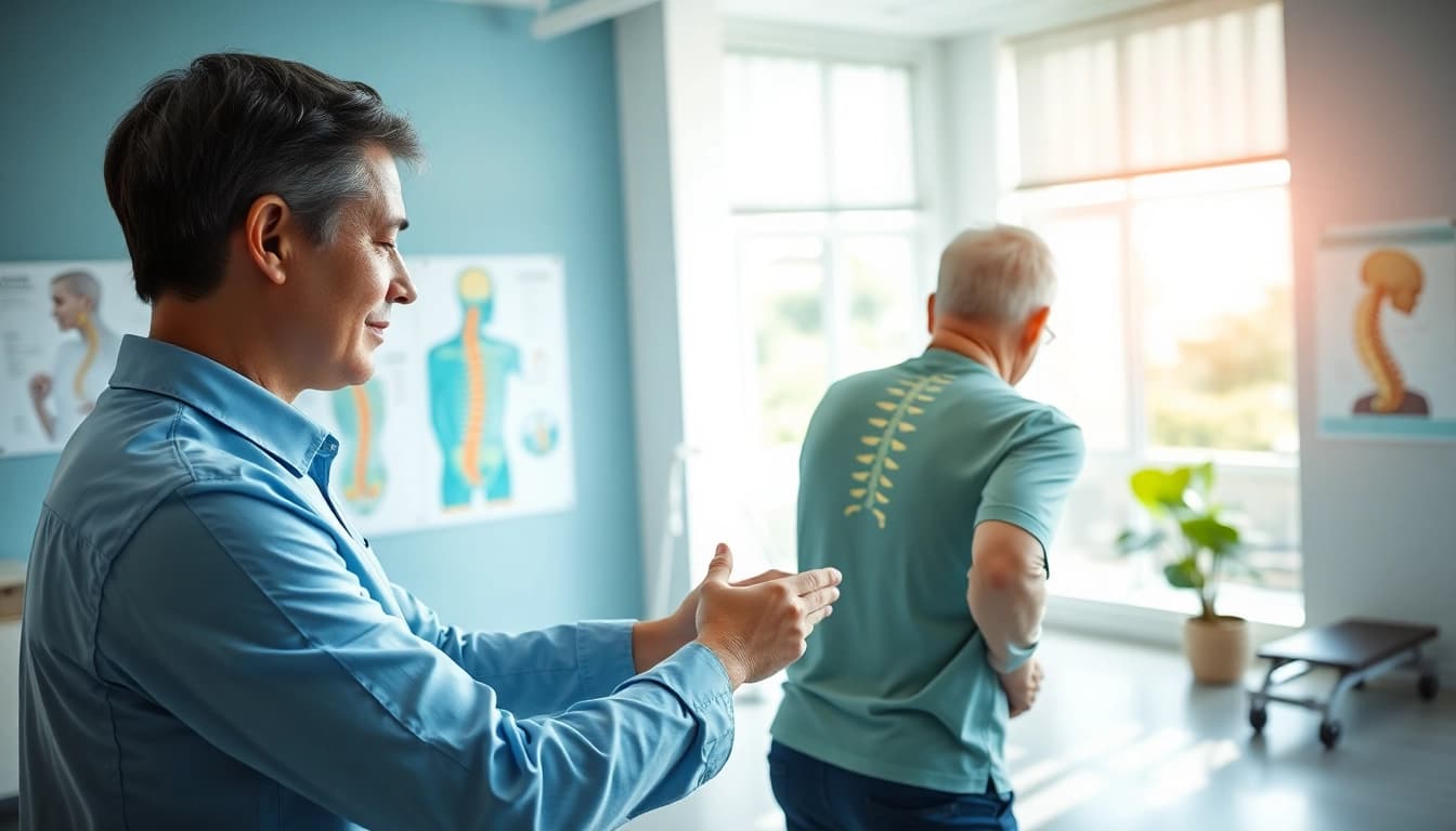 Therapist guides patient in back pain relief techniques in a bright clinic.