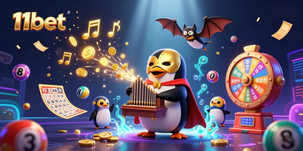 Experience excitement at 11bet with a vibrant scene of a penguin playing organ and coins raining down.