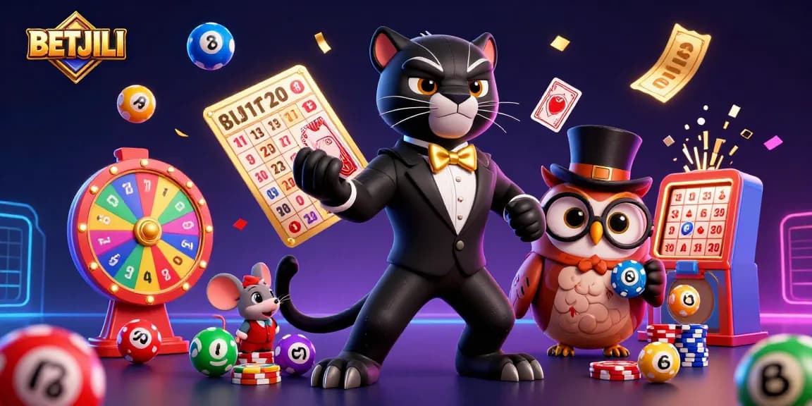 Betjili promotes thrilling online gaming with a vibrant 3D illustration featuring dynamic casino characters.
