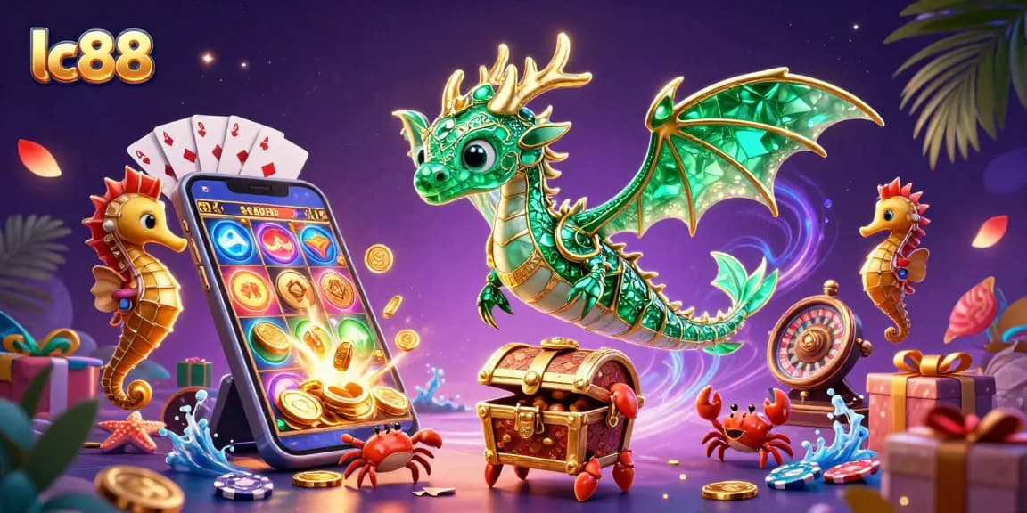 Engage with lc88's vibrant slots, featuring an emerald sea dragon and energetic game elements.