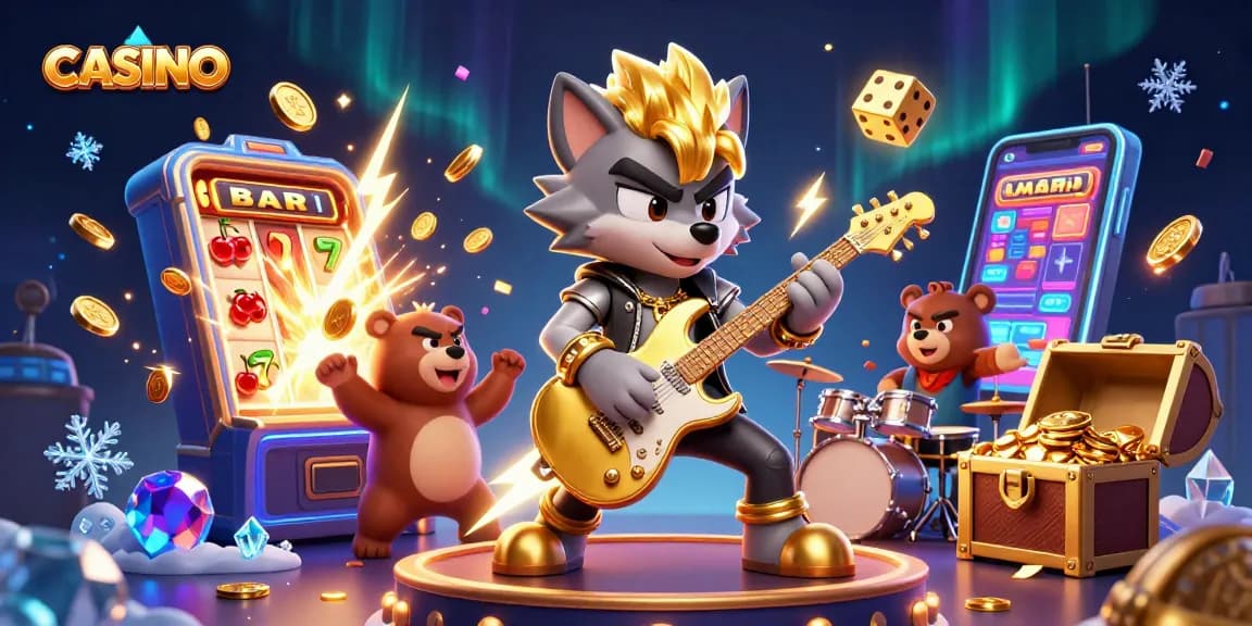 Experience the vibrant energy of a CASINO with a rock star wolf and drummer bear amidst a jackpot explosion.