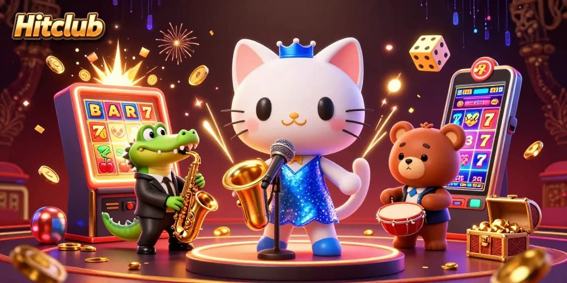 Hitclub slot-themed 3D illustration of a cat singer, crocodile saxophonist, and bear drummer