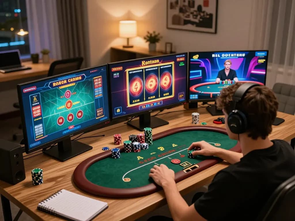 j188 online gaming scene showcasing an engaged player at home, vibrant casino interface displayed.