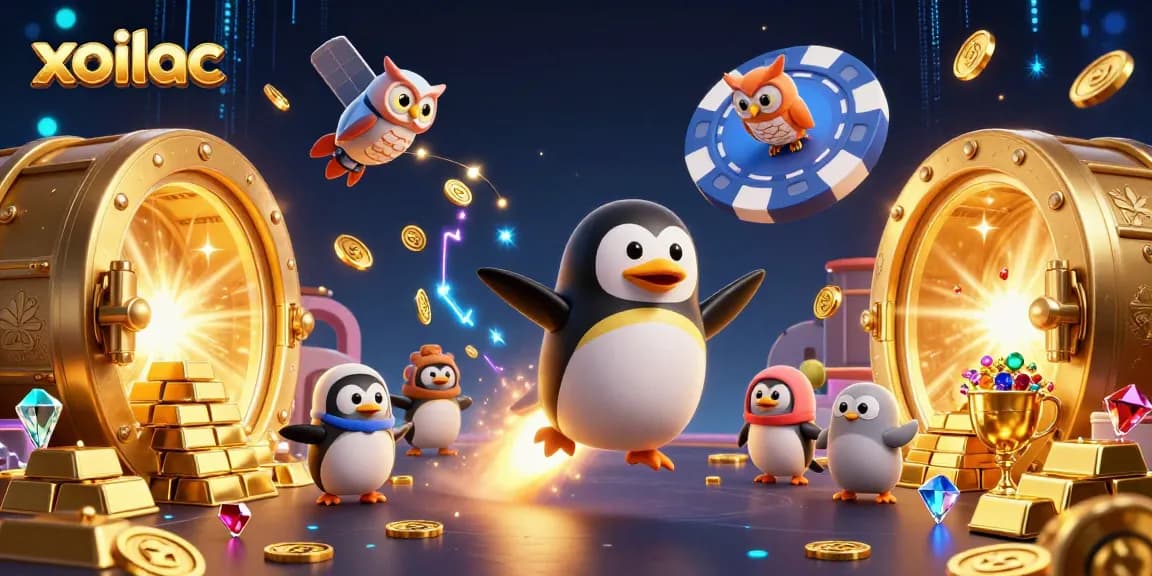 Experience thrilling action as the golden penguin navigates the casino space, flaunting xoilac's best!