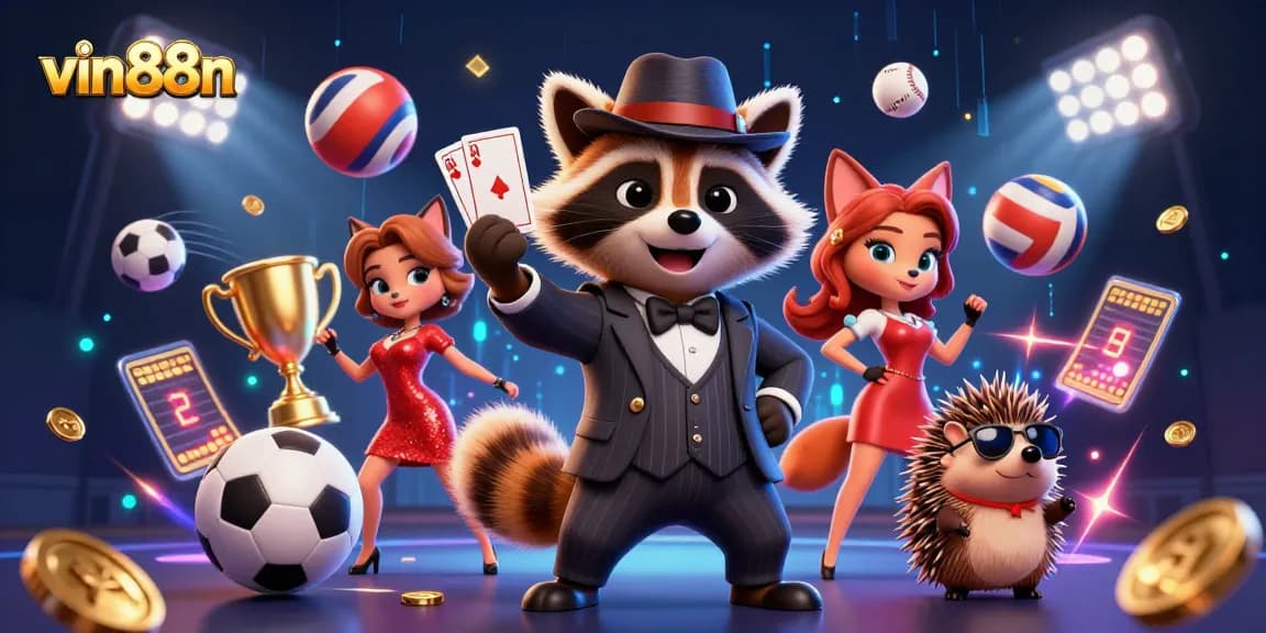 Join vin88n as a suave raccoon plays poker with dazzling companions in a vibrant casino.