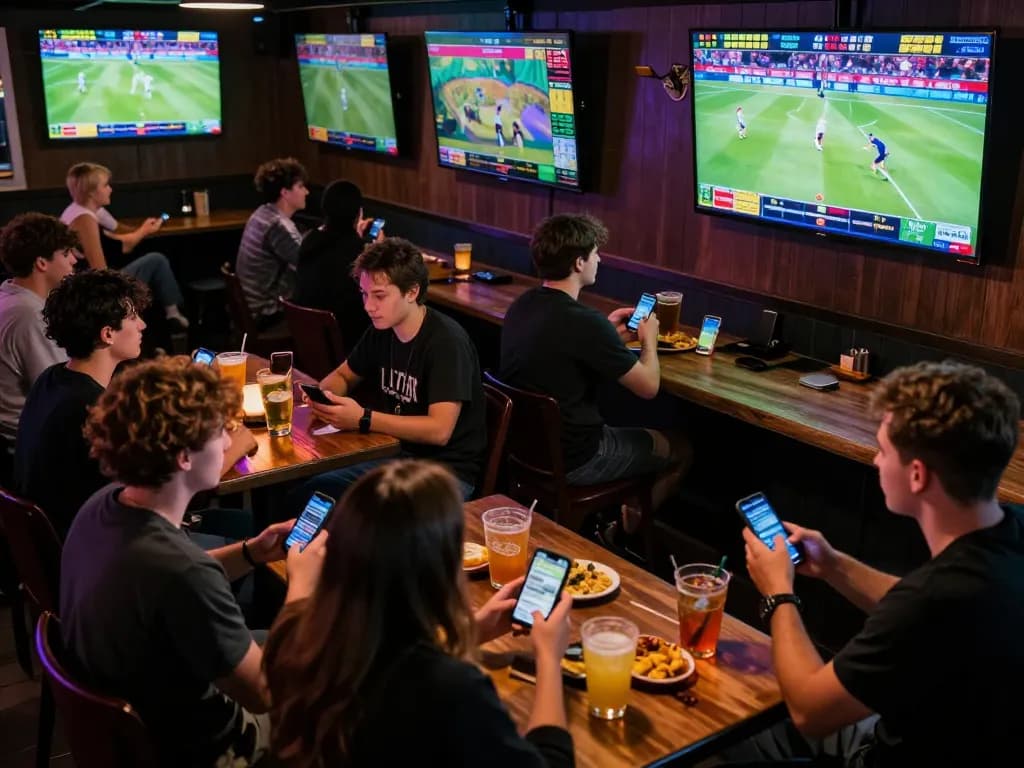 Siti scommesse non AAMS giocatori che scommettono con entusiasmo su eventi sportivi in una vivace scena da bar con più schermi.