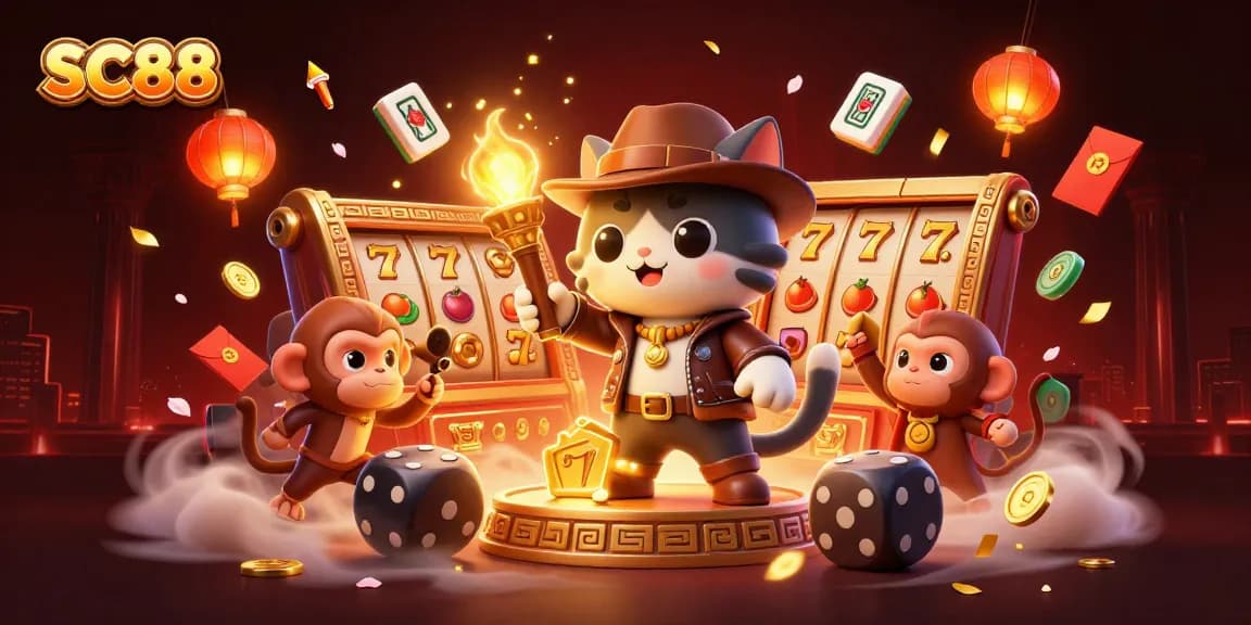 Experience SC88's vibrant adventure in a casino treasure hunt with a dynamic scene of excitement.
