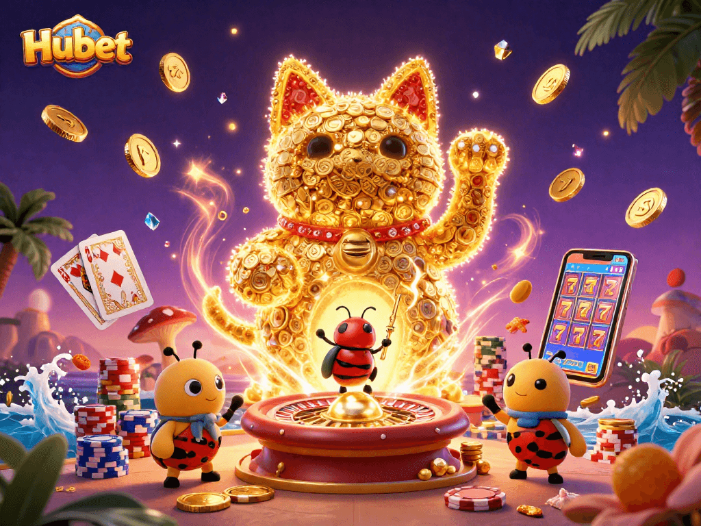 Experience excitement at Hubet as colorful casino symbols come alive in a vibrant 3D illustration.