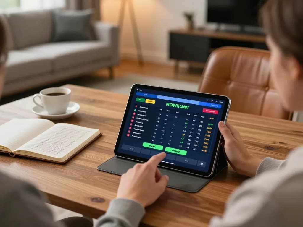 Person placing sports bets on a tablet, highlighting sc88 strategies in an inviting home office