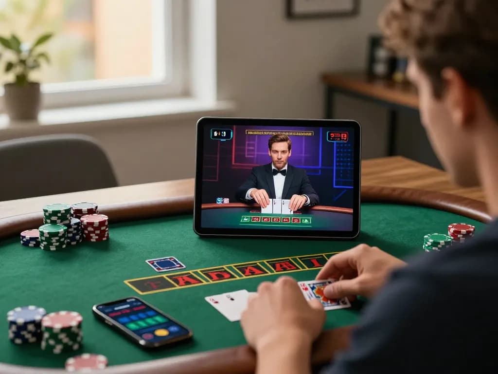 Enjoying a live dealer blackjack game on a tablet while exploring 88aa's betting options, showcasing a modern gaming setup.