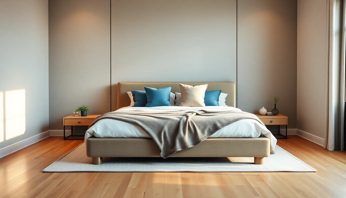 Comfortable king size bed in a modern, inviting bedroom with stylish decor.