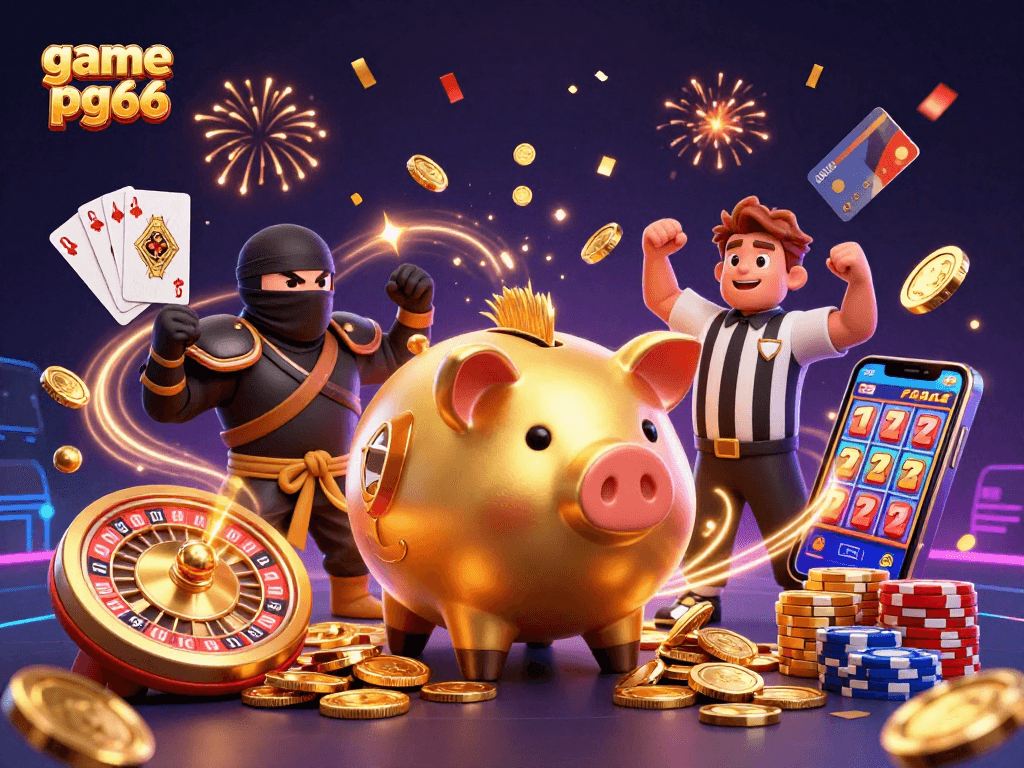 Experience the thrilling game pg66 as a golden piggy bank sumo wrestler stomps coins in a vibrant casino scene.