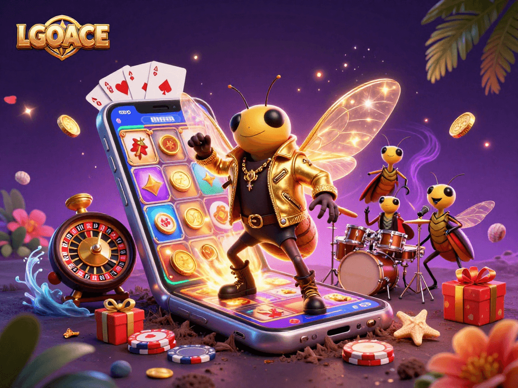 Experience the exciting world of LGOACE with this vibrant casino illustration featuring dynamic characters and games.