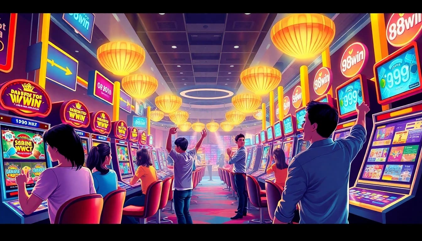 Exciting online casino atmosphere at 98win, featuring vibrant games and joyful players.