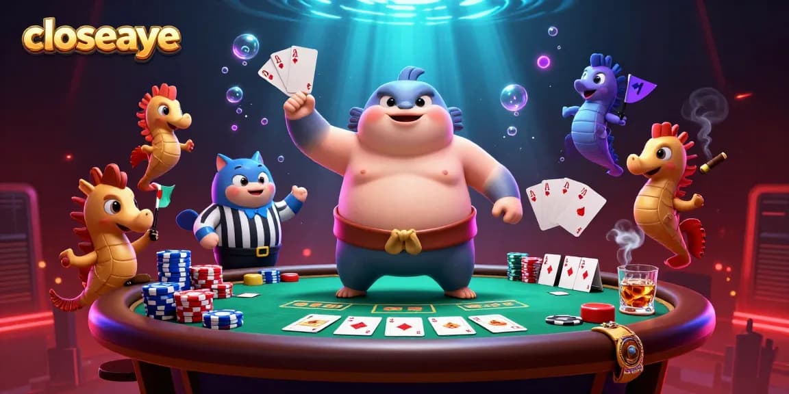 Experience thrilling poker action in closeaye’s vibrant underwater casino scene with 3D fugu and catfish referee.