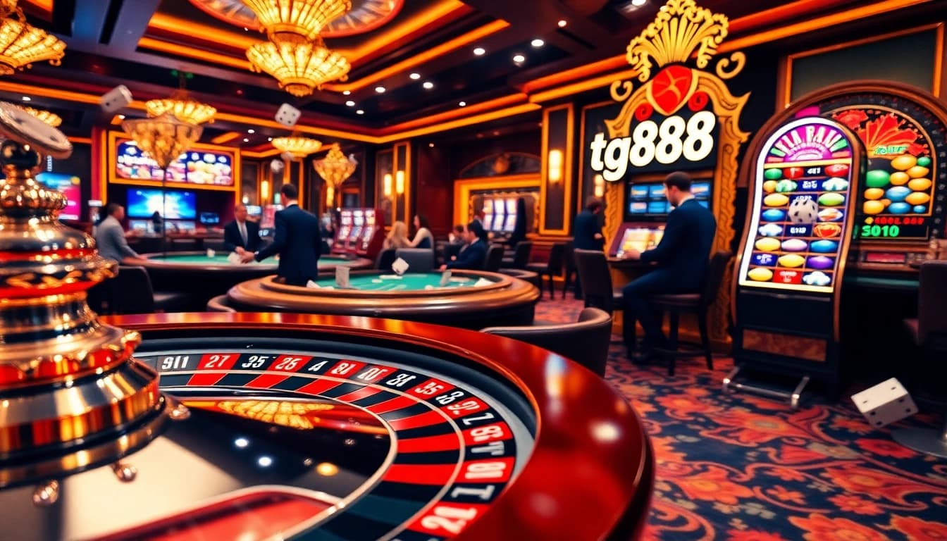 Play exhilarating games at tg88 casino, featuring vibrant roulette and excited players.
