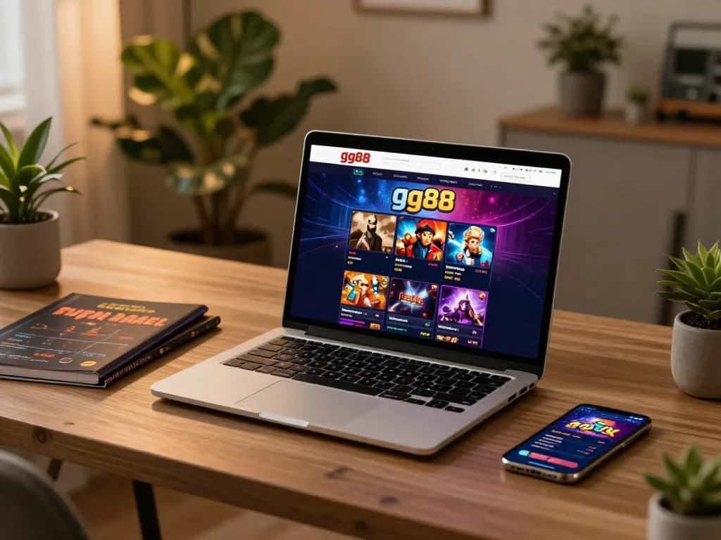 Engaging user exploring gg88 casino games on laptop in a warm home office
