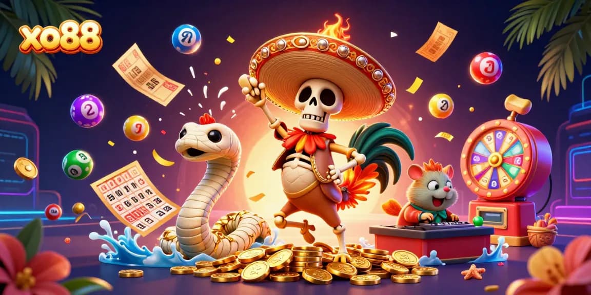 Experience the excitement of xo88 with a colorful casino-themed illustration featuring playful characters and dynamic gaming elements.