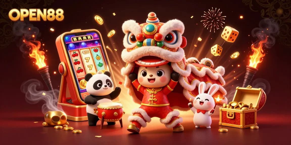 Experience the exciting world of OPEN88 with vibrant 3D characters celebrating a jackpot at a casino.