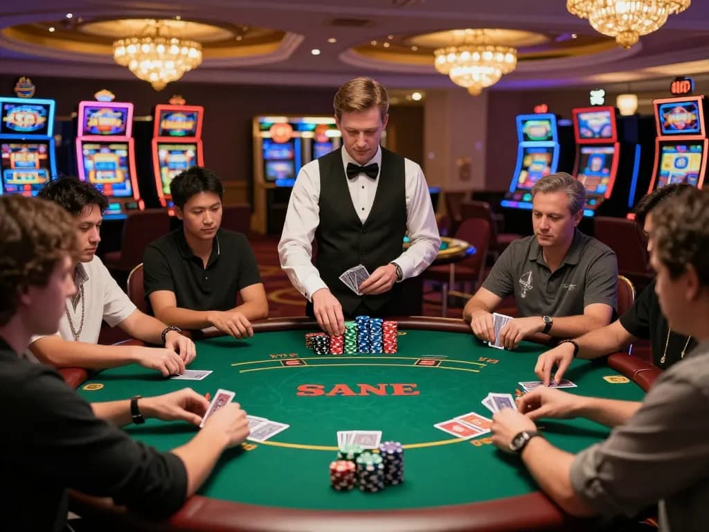 Engaged players at sgwin66 poker table with dealer shuffling cards, chips stacked, vibrant casino ambiance.