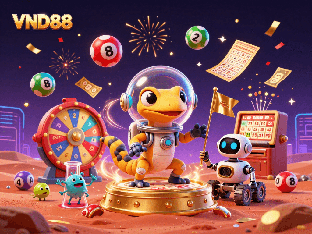 Engaging 3D casino scene promoting VND88 with Martian gecko, robot flagbearer, and festive lottery elements.