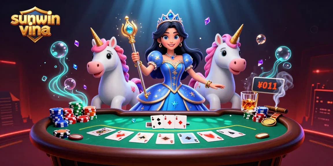Experience the thrill of winning at sunwin vina with a vibrant casino scene featuring enchanting characters and poker action.