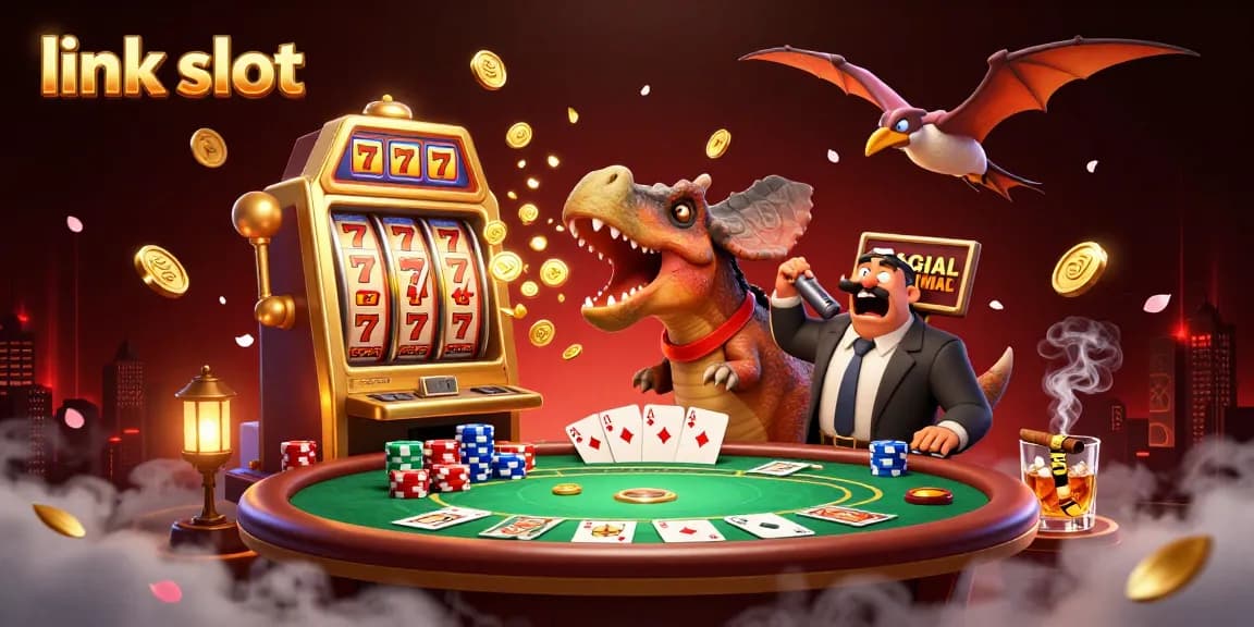 Experience the thrill of link slot games as a pachycephalosaurus wins big at a golden slot machine, showering coins!