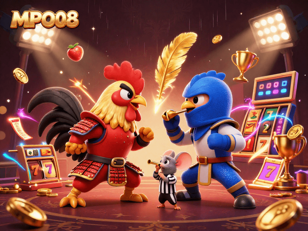 MPO08 showcases an intense standoff between cartoon fighting roosters in a vibrant slot-themed arena
