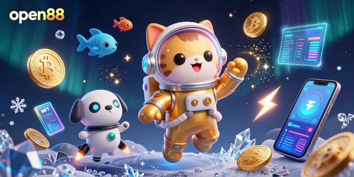 Experience the thrill of open88 with a vibrant 3D illustration showcasing an astronaut cat and cosmic elements.