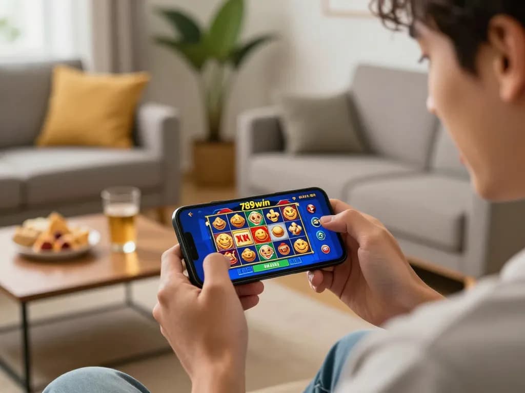 Excited player engaging with the 789win casino app on smartphone in a cozy living room setting.