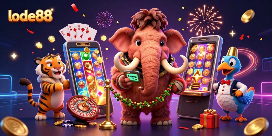 Experience the thrill of lode88 at a vibrant casino scene with a mammoth bouncer and VIP saber-tooth tiger.